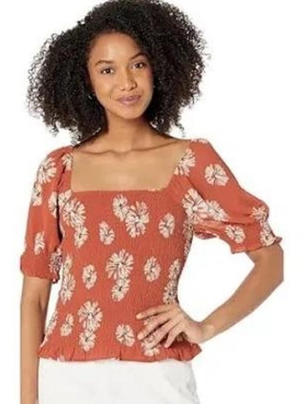 NEW Madewell Rust Floral Smocked Square-Neck Blouse